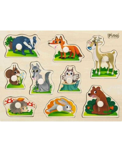Puzzle din lemn pentru copii Pino - Animale de padure, cu manere, 9 piese - 1