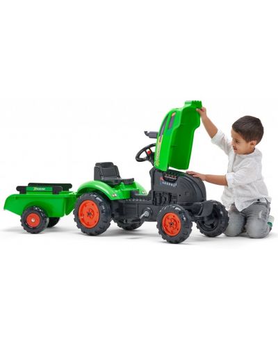 Tractor pentru copii Falk - Cu remorca, capac ce se deschide si pedale, verde - 4