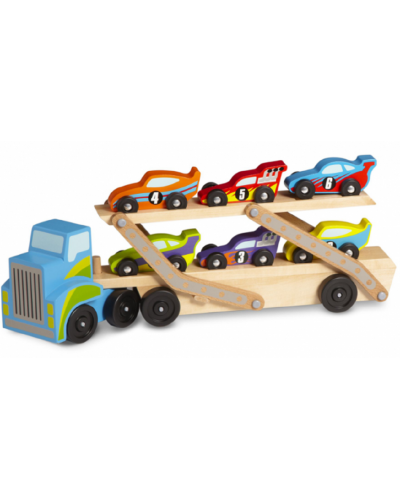 Jucarie din lemn pentru copii Melissa & Doug - Transportor auto cu 6 masinute - 1