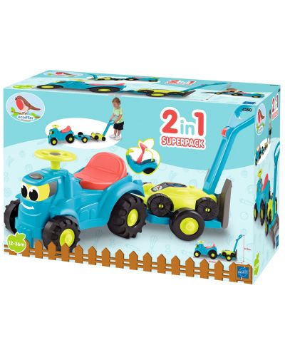 Tractor de impins pentru copii 2 in 1 Ecoiffier - Albastru, cu remorca si cositoare - 2