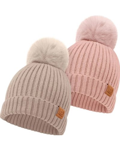 Pălărie de iarnă pentru copii cu pompon KeaBabies - 6-36 luni, roz, 2 buc. - 1