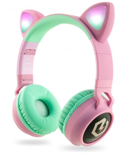 Casti pentru copii PowerLocus - Buddy Ears, wireless, roz/ verzi - 1