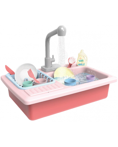 Chiuvetă de bucătărie pentru copii Raya Toys - Cu apă curentă și accesorii, roz - 1