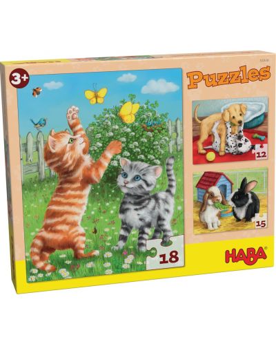 Puzzle pentru copii 3 in 1 Haba - Animale de companie - 1