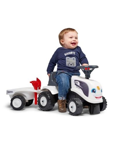 Tractor pentru copii Falk - Cu remorca, grebla si lopatica, alb - 3