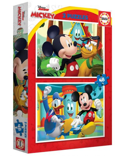 Puzzle pentru copii Educa din 2 x 48 de piese - Mickey Mouse în Casa de distracție - 1