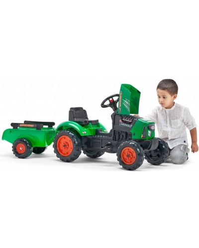 Tractor cu remorca pentru copii, cu capac care se deschide si pedale Falk - Verde - 3