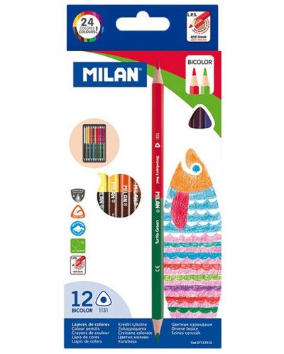 Creioane colorate cu 2 varfuri Milan - Triangular Bicolour, 24 culori - 1