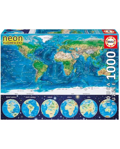 Puzzle neon Educa de 1000 piese - Harta lumii - 1