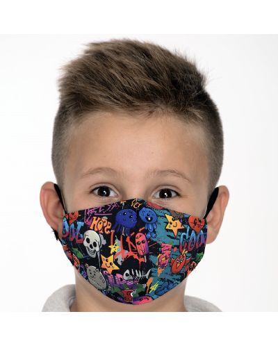 Masca de protectie pentru copii  - Graffiti, doua straturi, cu clema metalica, 6-12 ani - 1