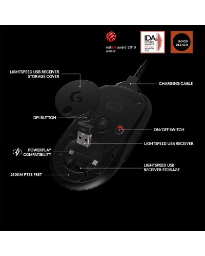 Mouse gaming Logitech - G Pro, optic, 16K DPI, wireless, negru - 6