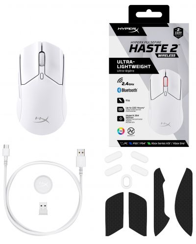 Mouse de gaming HyperX - Pulsefire Haste 2, optic, wireless, alb - 8