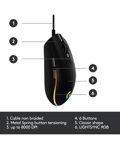 Mouse gaming Logitech - G102 Lightsync, optic, RGB, negru - 7