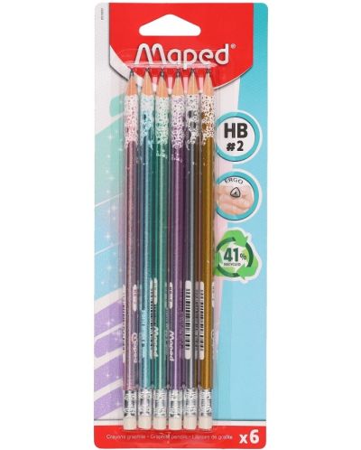 Creioane grafit Maped - Glitter, HB, cu gumă de șters, 6 bucăți - 1