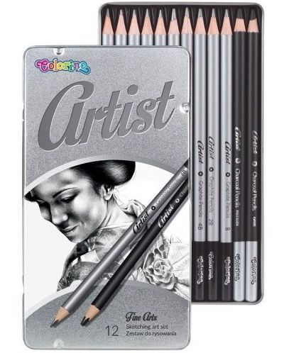 Creioane grafit Colorino Artist - 12 buc., in cutie metalica - 1