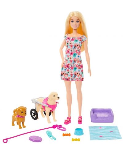 Set joc Barbie - Barbie cu cățeluși și un câine în scaun cu roțile - 1