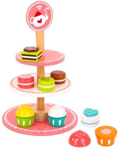 Set de joc Tooky Toy - cupcakes si deserturi din lemn pe o tava - 1
