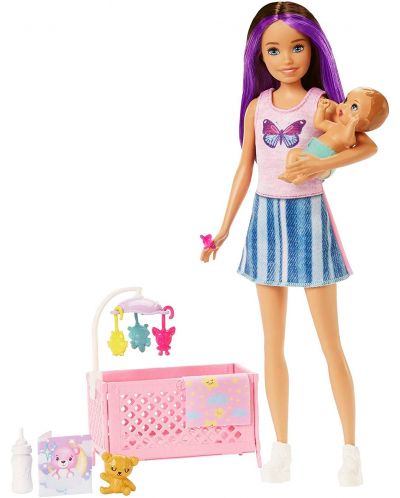 Set de joc Barbie Skipper - Baby-sitter Barbie cu șuvițe mov, cămașă cu fluture - 2