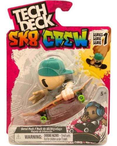 Set de joc Tech Deck SK8 Crew - Skateboard pentru degete cu figurină, cu pălărie verde - 1