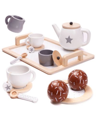 Ginger Home - Set de ceai din lemn, alb-gri - 6