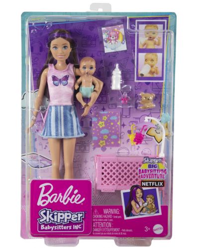 Set de joc Barbie Skipper - Baby-sitter Barbie cu șuvițe mov, cămașă cu fluture - 1