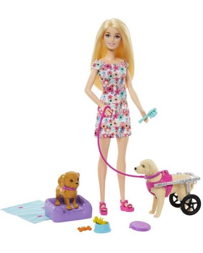 Set joc Barbie - Barbie cu cățeluși și un câine în scaun cu roțile - 2