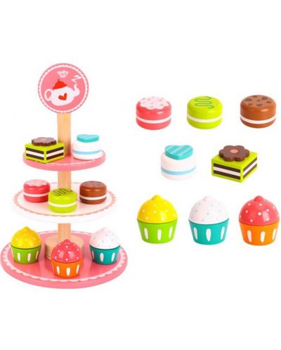 Set de joc Tooky Toy - cupcakes si deserturi din lemn pe o tava - 2