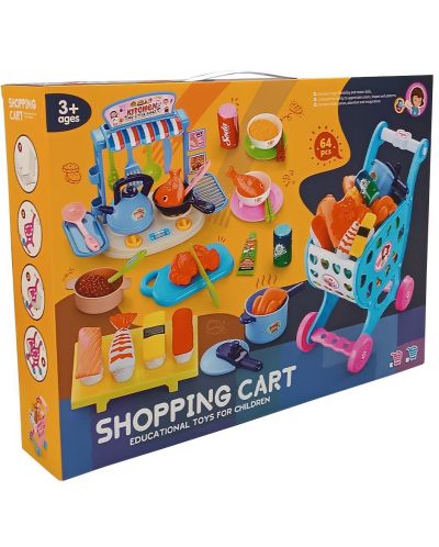 Set de joc Raya Toys - Cărucior de piață cu bucătărie, 64 de piese, albastru - 1
