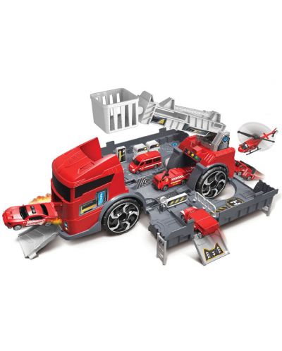 Set de joaca Super Storage - Parcare de pompieri in camion, cu doua masinute - 1