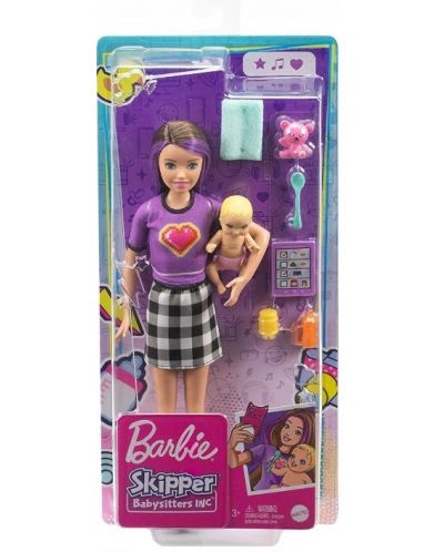 Set de joc Barbie Skipper - Baby-sitter Barbie cu șuvițe mov și bluză cu inimă - 1