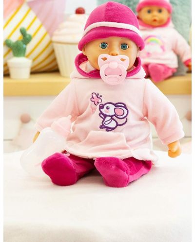 Bayer First Words Păpușă interactivă pentru bebeluși - Rochie roz cu șoricel, 38 cm - 2