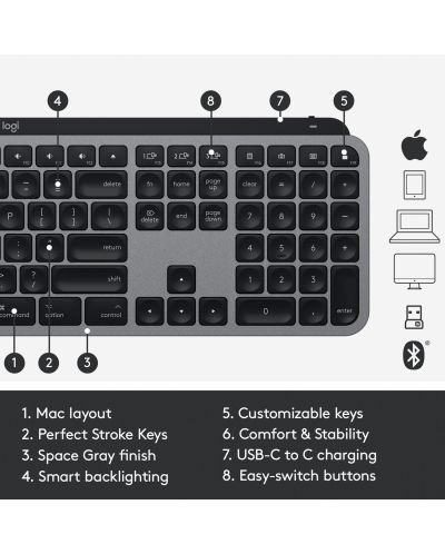 Tastatura wireless Logitech - MX Keys For Mac , Space Grey - 8