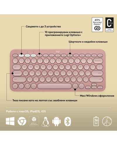 Logitech Keyboard - Pebble Keys 2 K380s, Wireless, US Layout, Rose - 8