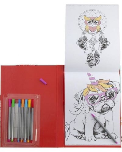 Carte de colorat Grafix Colouring - Câine, cu pixuri cu pâslă, într-un dosar - 2