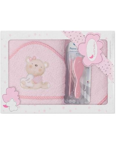 Set de prosoape pentru copii cu pieptene și perie Interbaby - Love you Pink, 100 x 100 cm - 1