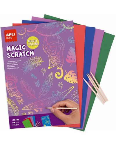 Set de cărți de răzuit Apli Kids Scratch Cards - 8 cărți colorate și 4 bețe de lemn - 1