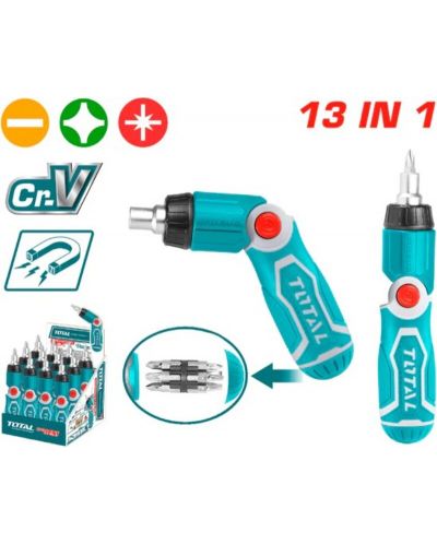 Şurubelniță cu clichet și biți TOTAL - Cu mâner rabatabil, 13 piese - 7