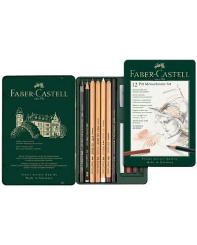 Set de creioane Faber-Castell Pitt Monochrome - 12 bucăți, în cutie metalică - 2