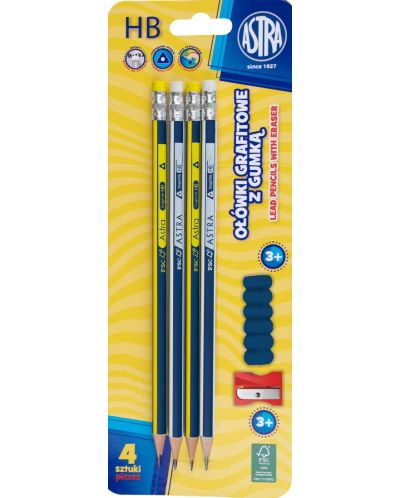 Set creioane grafit Astra - Cu ascuțitoare și capac, HB, 4 buc. - 1