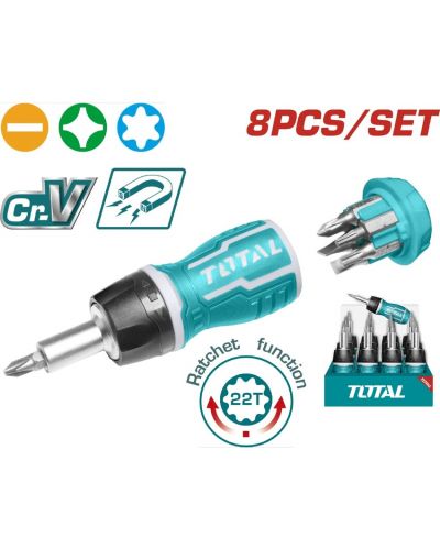 Set șurubelniță cu clichet și biți 8 în 1 TOTAL - 8 piese - 5