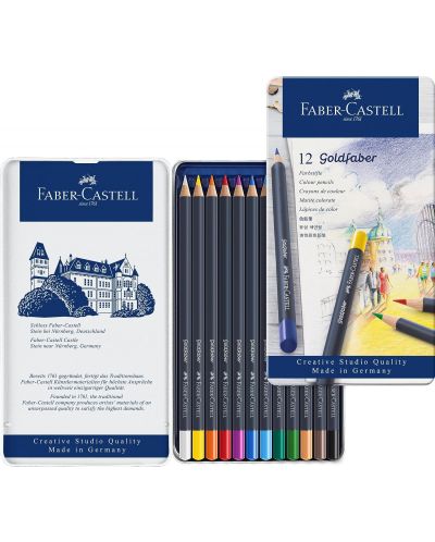 Set de creioane colorate Faber-Castell Goldfaber - 12 culori, într-o cutie metalică - 3