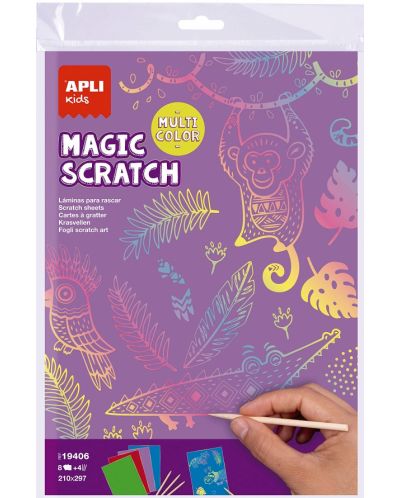 Set de cărți de răzuit Apli Kids Scratch Cards - 8 cărți colorate și 4 bețe de lemn - 2
