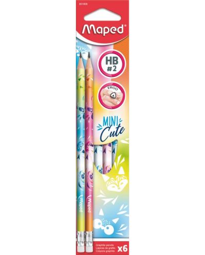 Set creioane cu radiera Maped Mini Cute - HB, 6 bucati - 1