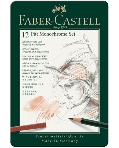 Set de creioane Faber-Castell Pitt Monochrome - 12 bucăți, în cutie metalică - 1