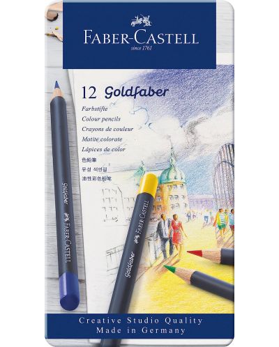 Set de creioane colorate Faber-Castell Goldfaber - 12 culori, într-o cutie metalică - 1