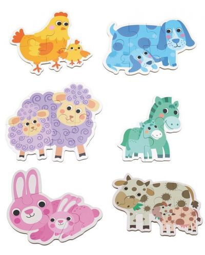 Set puzzle-uri progresive Andreu Toys - Animalele si micutii lor, 6 piese - 2