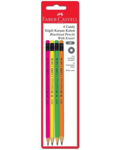 Set de creioane negre Faber-Castell - Candy, HB, cu gumă de șters, fluorescent, 4 bucăți	 - 1
