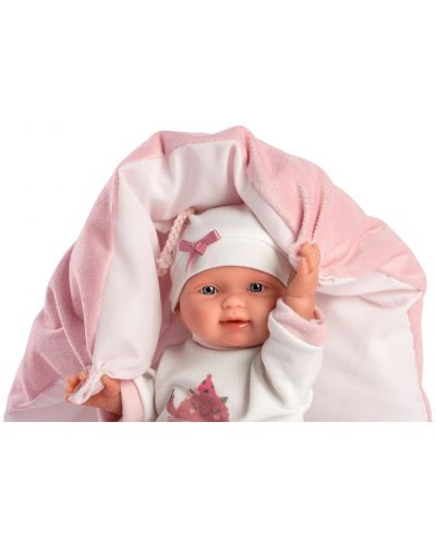Papusa-bebe Llorens - Cu haine roz, perna si palarie alba, 26 cm - 4