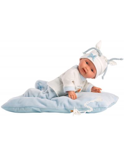 Papusa-bebe Llorens - Cu haine albastre, perna si palarie alba, 26 cm - 2