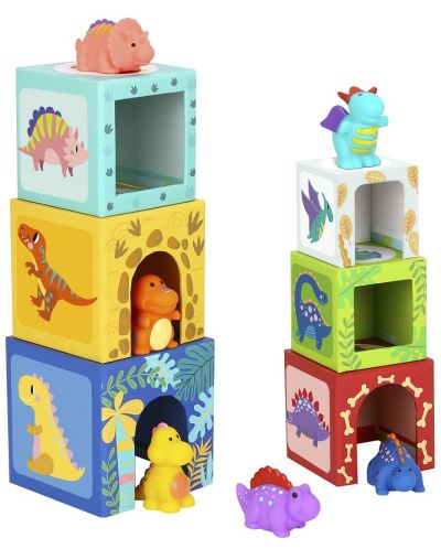 Turn din cuburi de carton cu figurine Tooky Toy - Dinozauri - 1